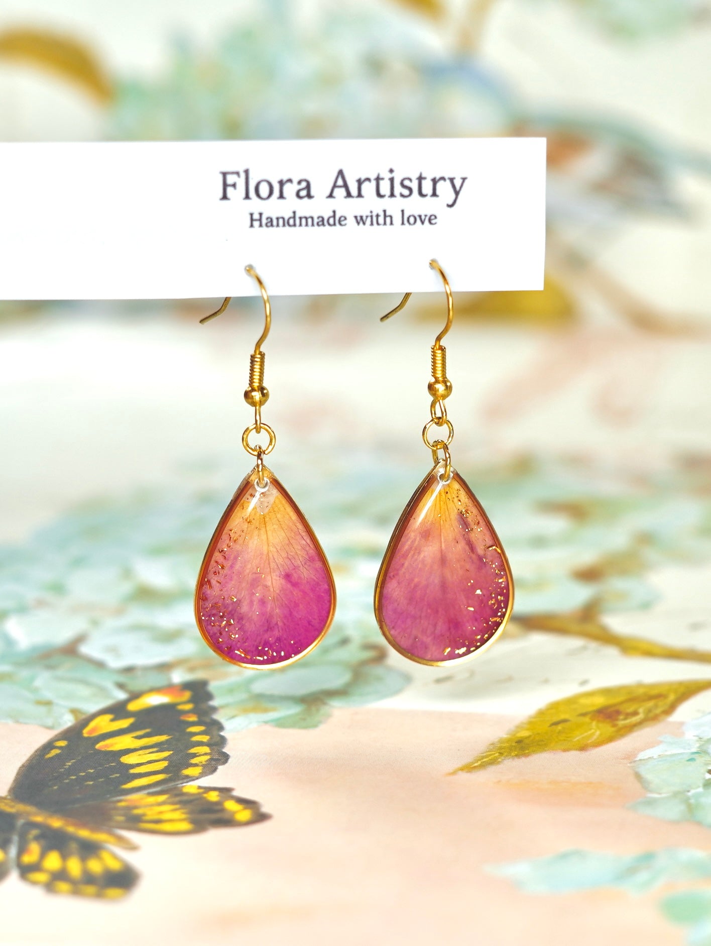 Gold Crecent Garden Rose Petal Teardrop Earrings