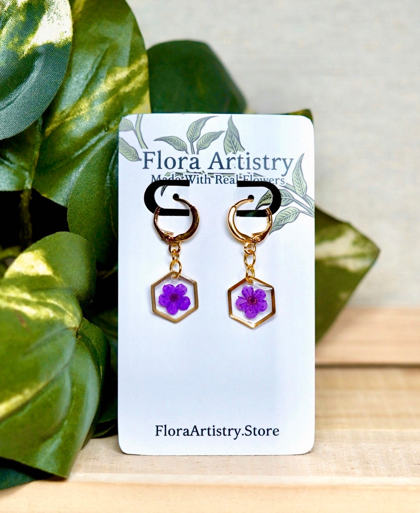 Purple Pressed Flower Huggie Hoops Earring