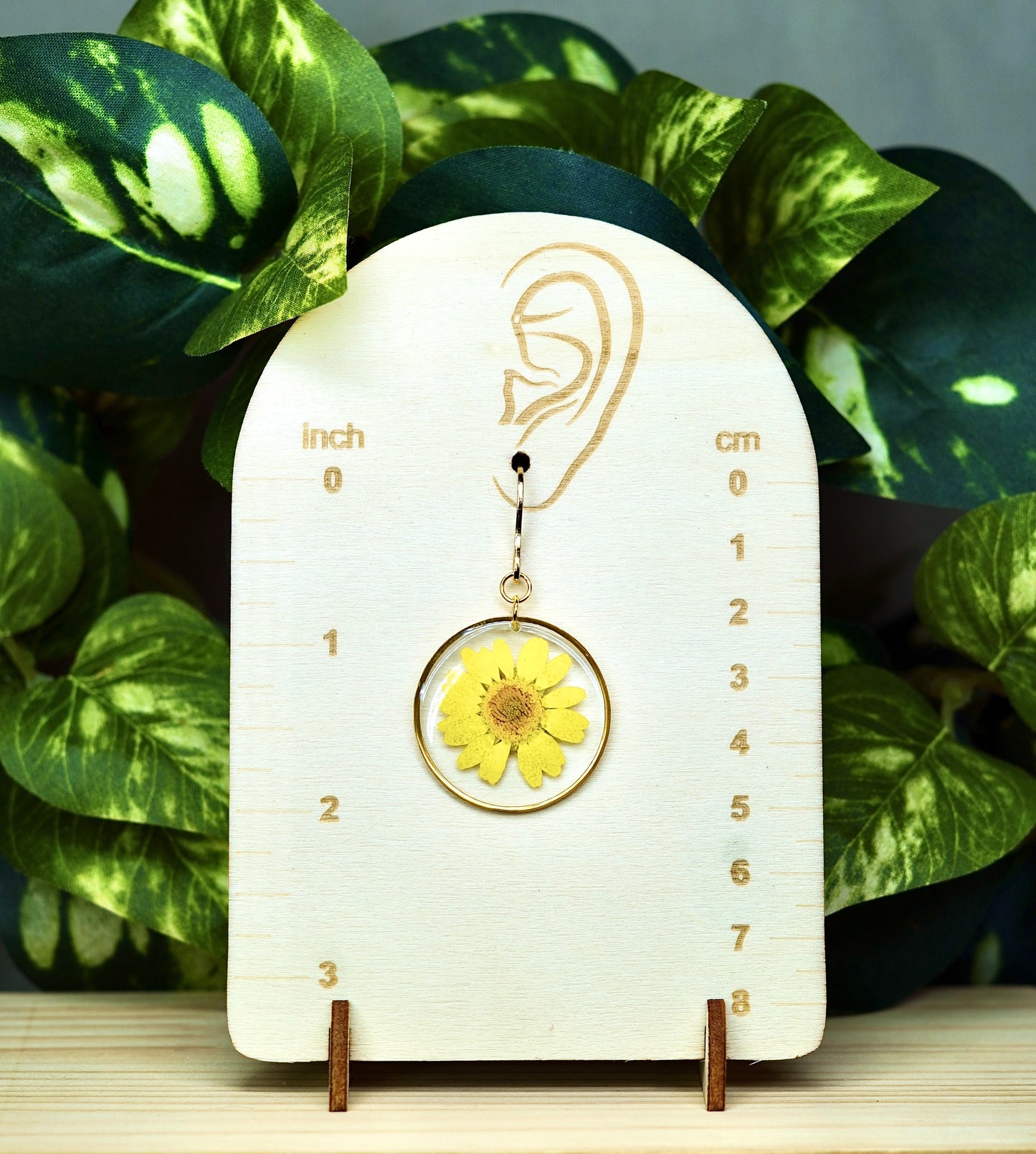 Sunny Yellow Daisy Flower Gold Hoops Dangle Earrings