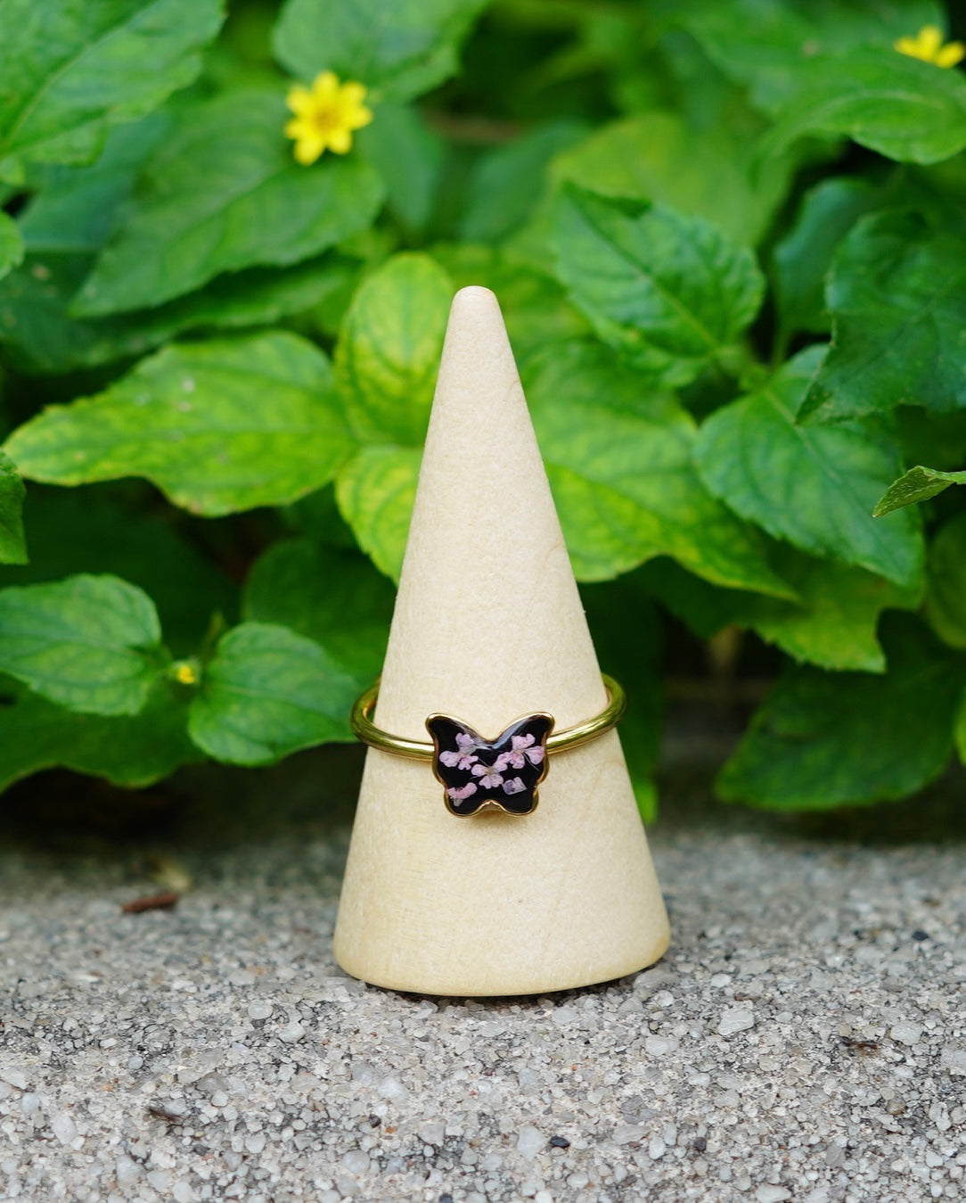 Pastel Pink Real Pressed Flower In Resin Butterfly Ring