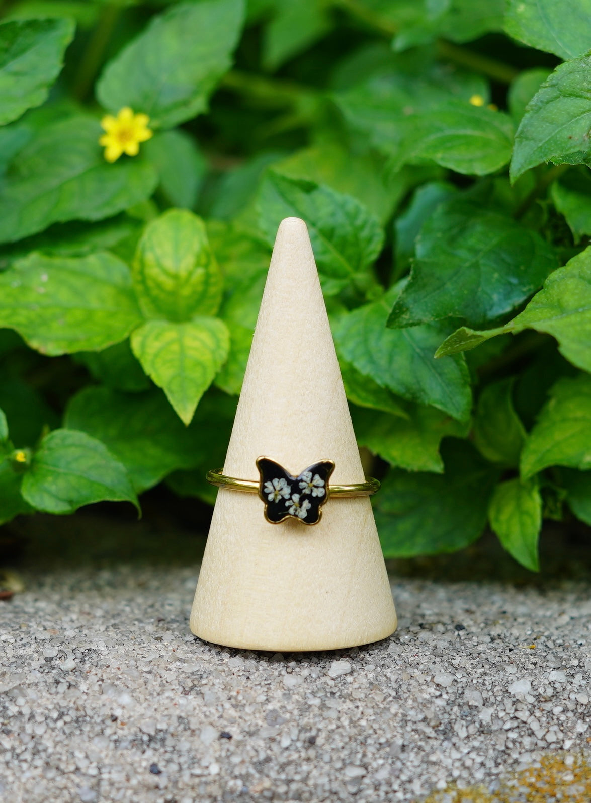 White Real Pressed Flower In Resin Butterfly Ring