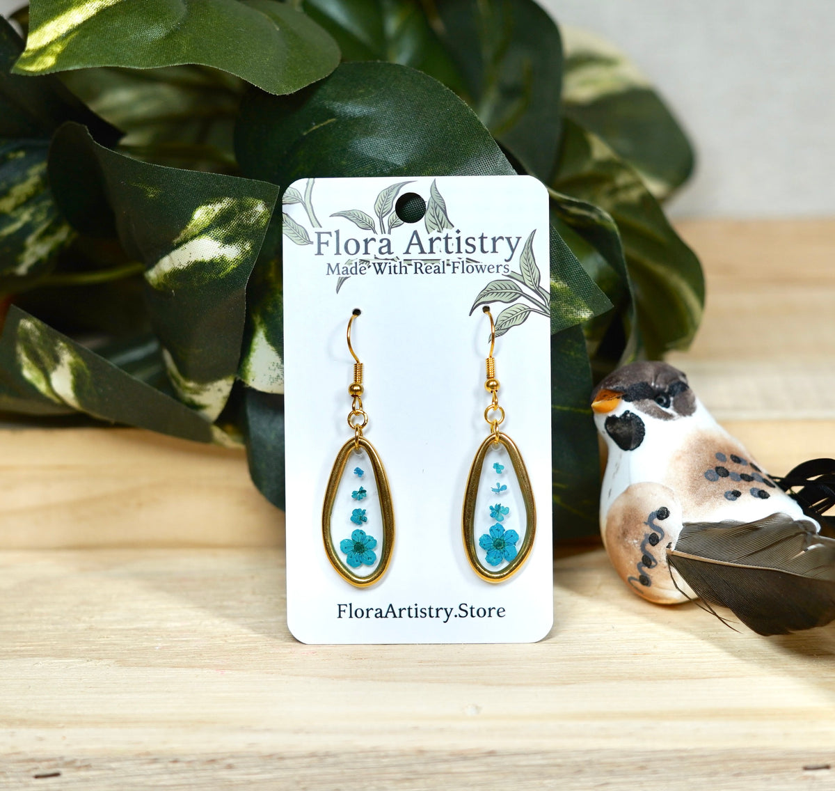 Blue Flower Fall Chunky Oval Dangle Gold Earring