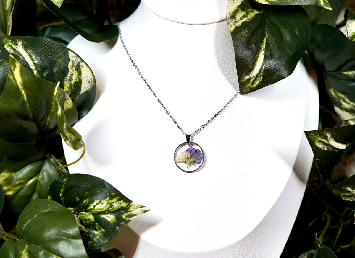 Small Pressed Pansy Flower Circle Necklace