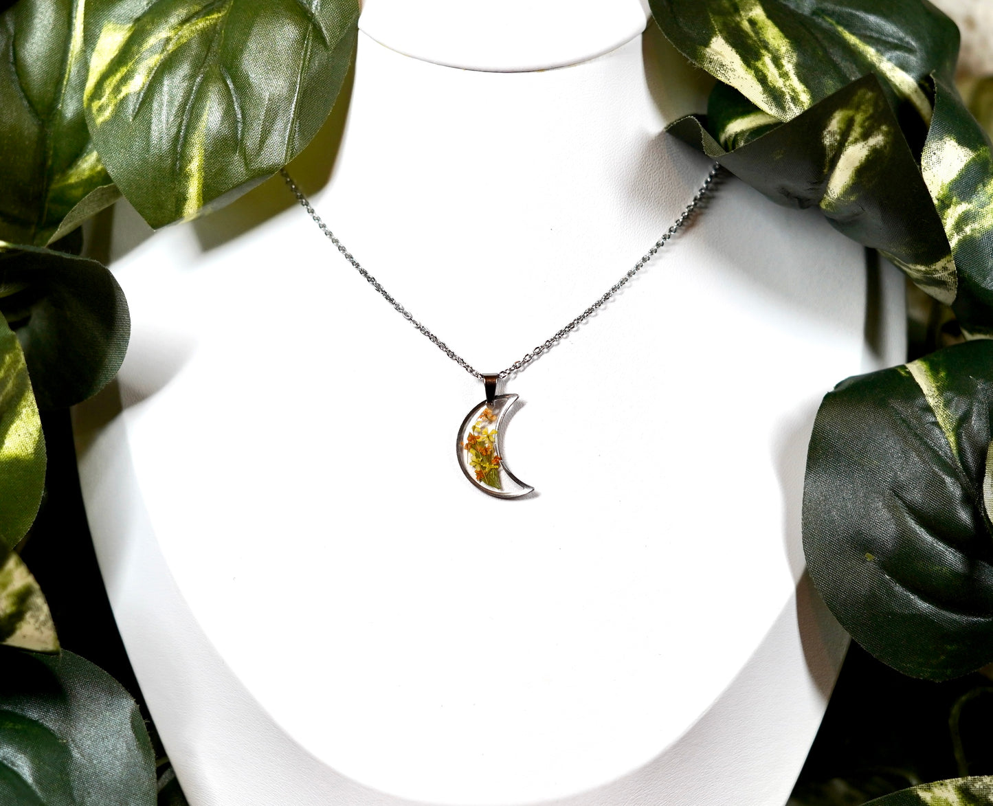 Pressed Queen Lace Orange & Yellow Flower Moon Necklace