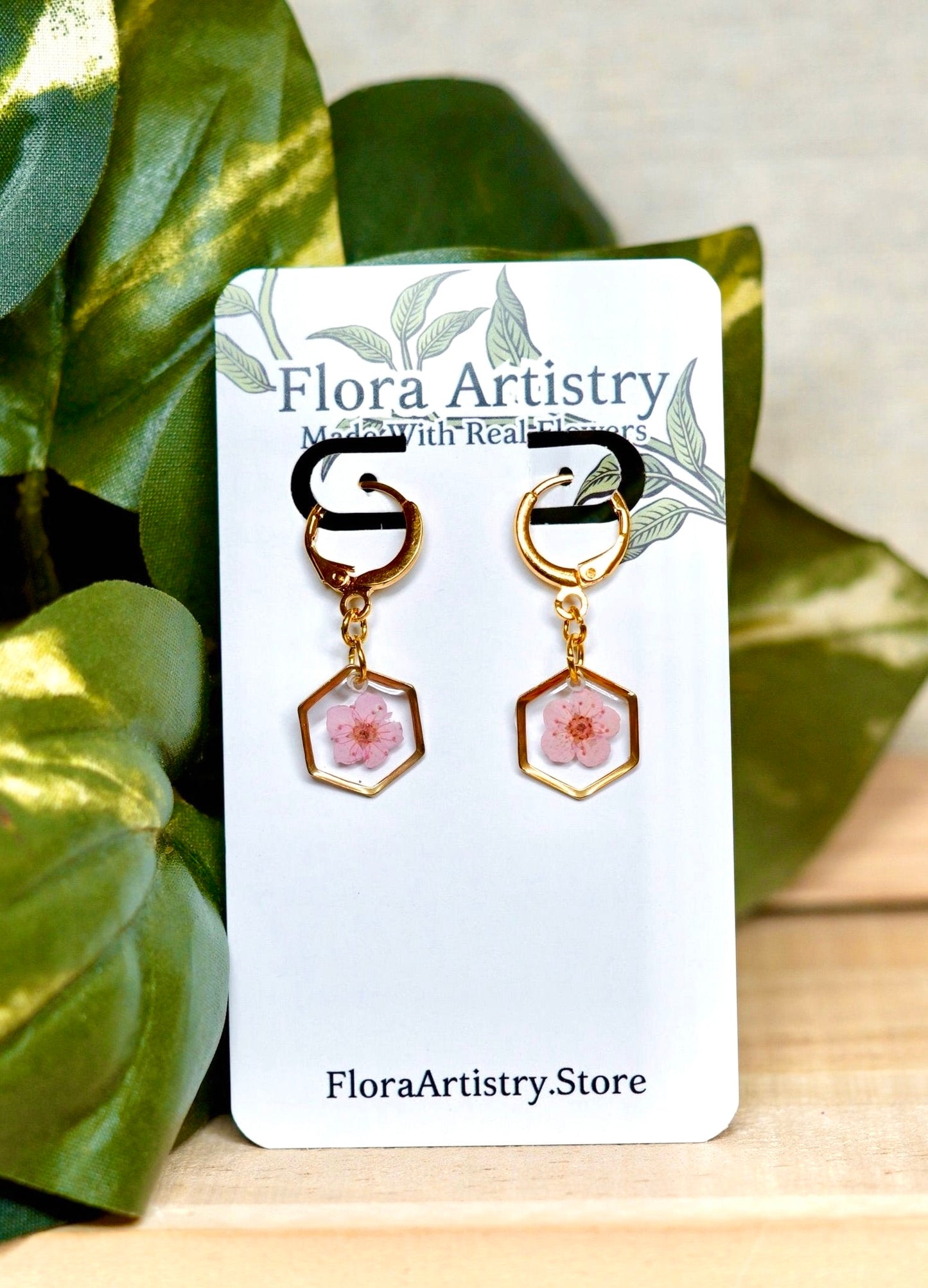 Pastel Pink Pressed Flower Huggie Hoops Earring