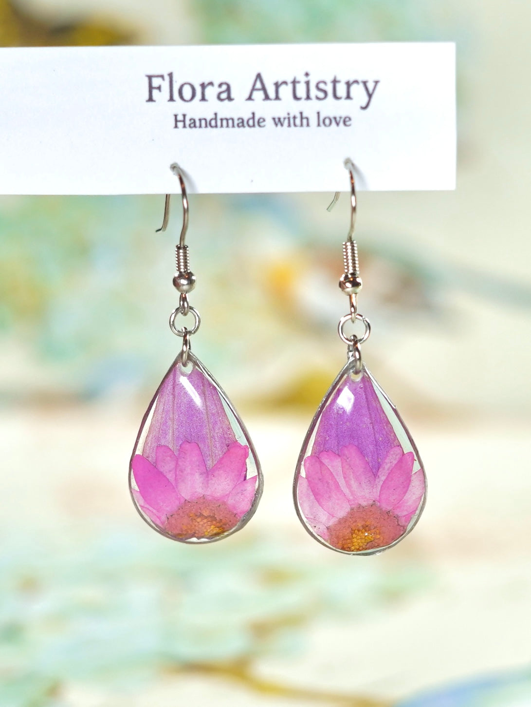 Pink Zennia Wildflower Teardrop Earrings