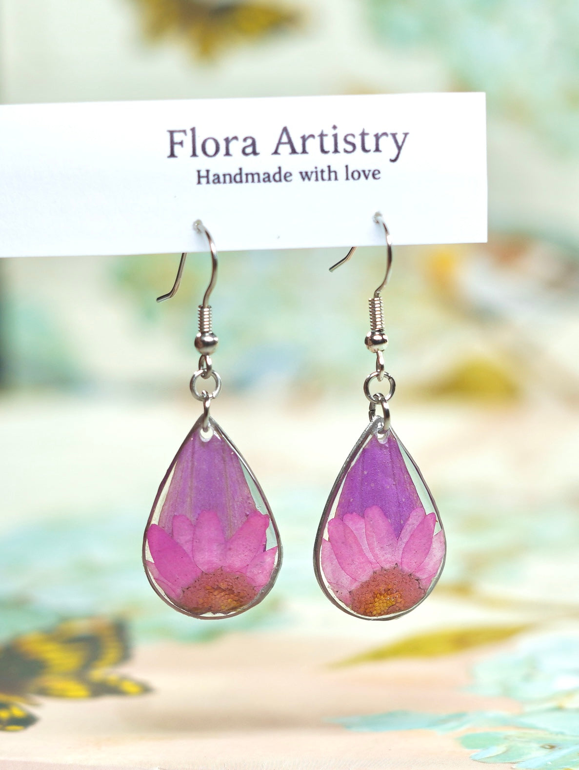 Pink Zennia Wildflower Teardrop Earrings
