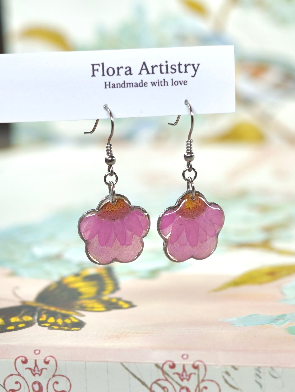 Pink Zennia Wildflower Heart Earrings
