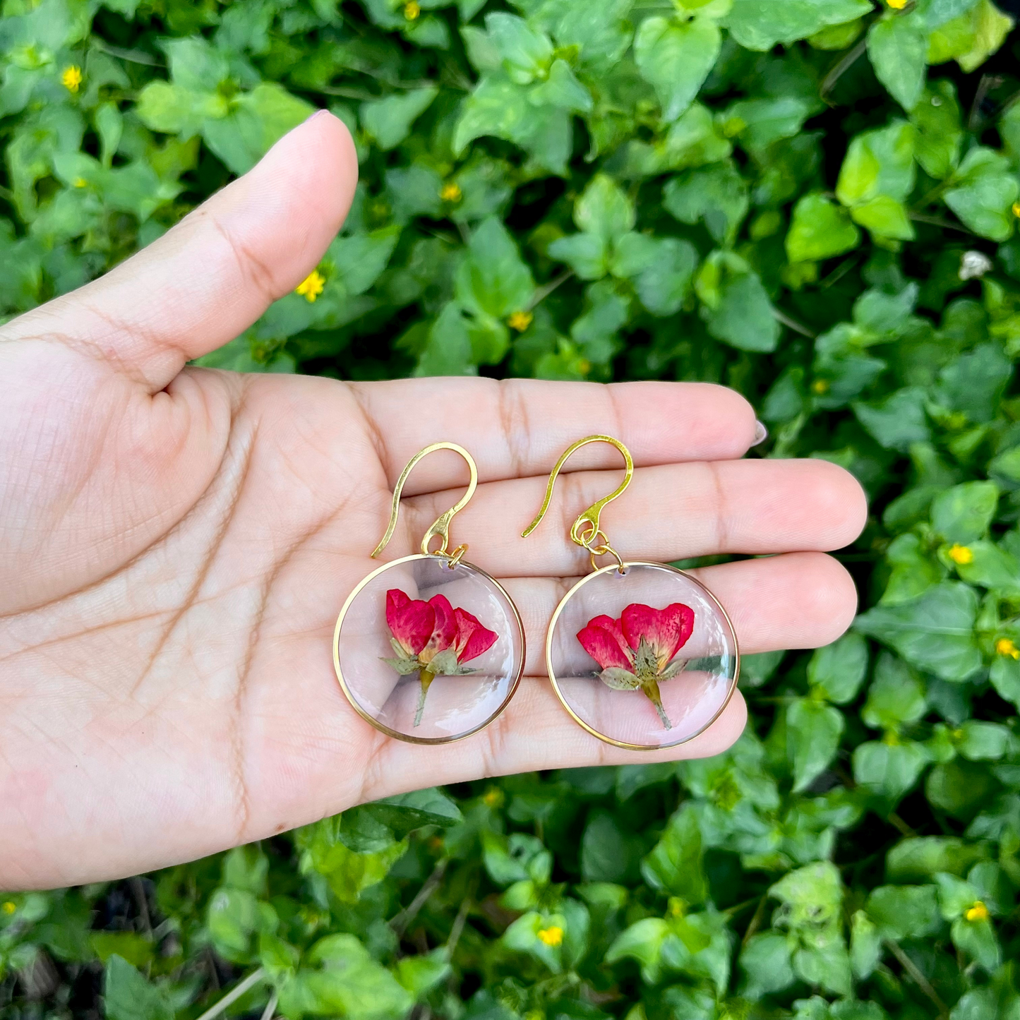 Red Rose Flower Gold Circle Dangle Earring