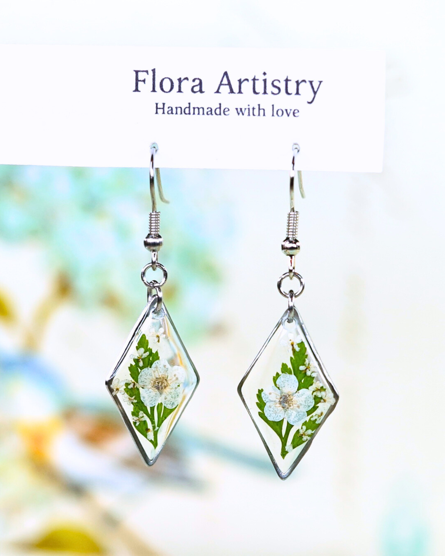 White Flower Fern Diamond Dangle Earring