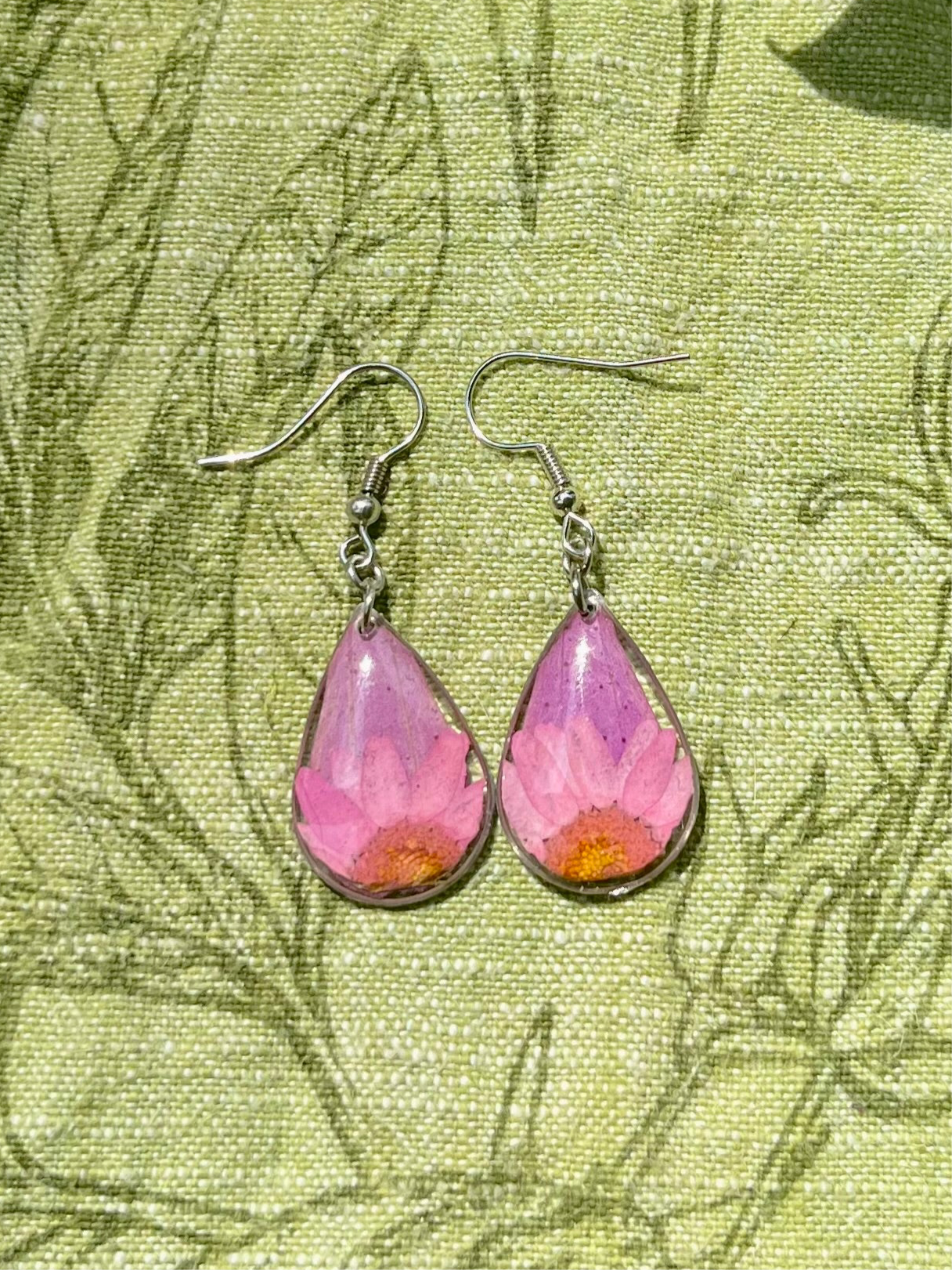 Pink Zennia Wildflower Teardrop Earrings