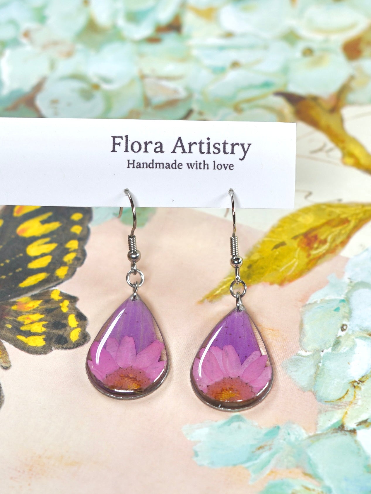 Pink Zennia Wildflower Teardrop Earrings