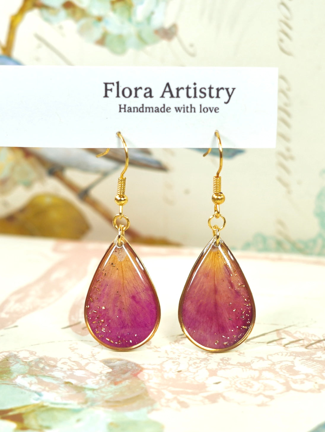 Gold Crecent Garden Rose Petal Teardrop Earrings
