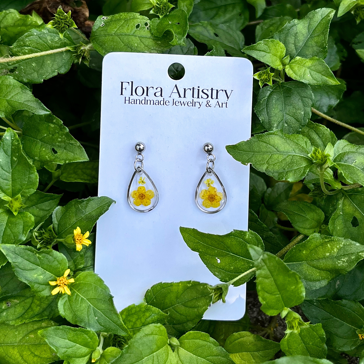 Teeny Teardrop Yellow Flower Stud Earrings