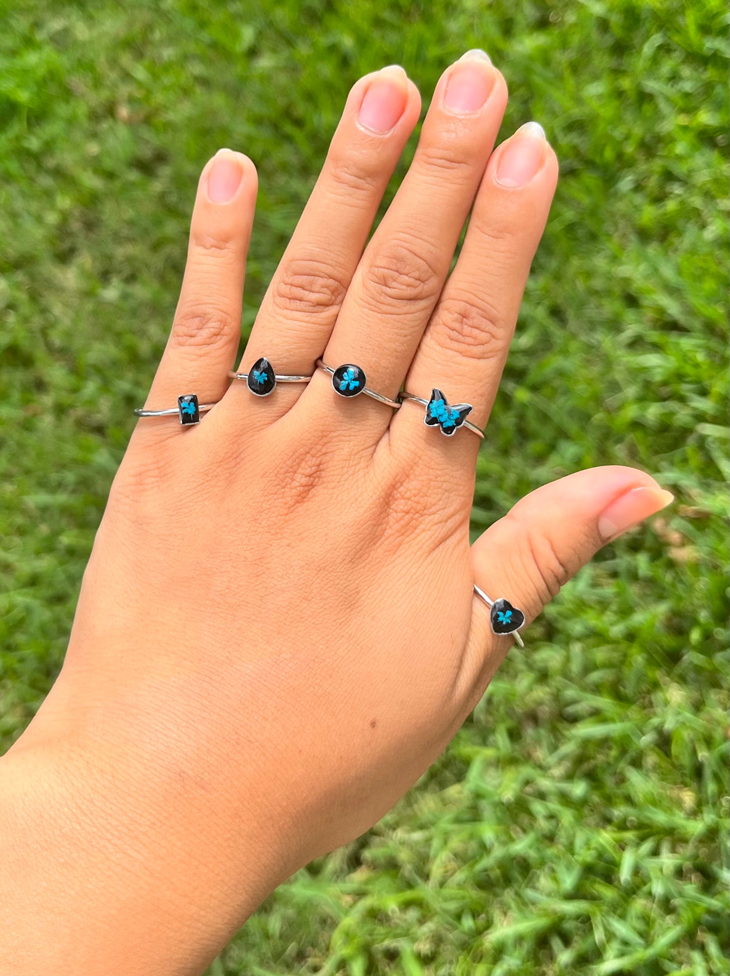 Blue Real Pressed Flower Dainty Rectangle Ring