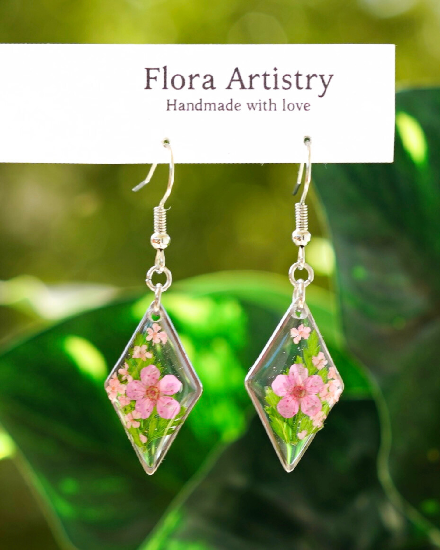 Pink Flower Fern Diamond Dangle Earring