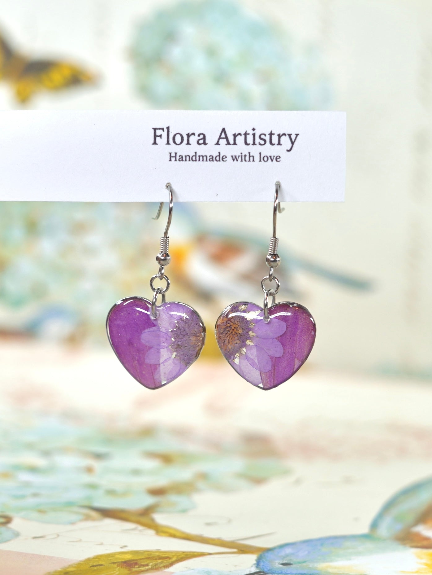 Purple Zennia Wildflower Heart Earrings