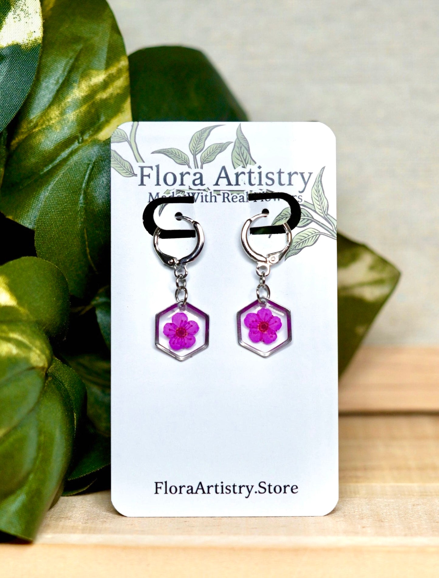Hot Pink Pressed Flower Huggie Hoops Earring