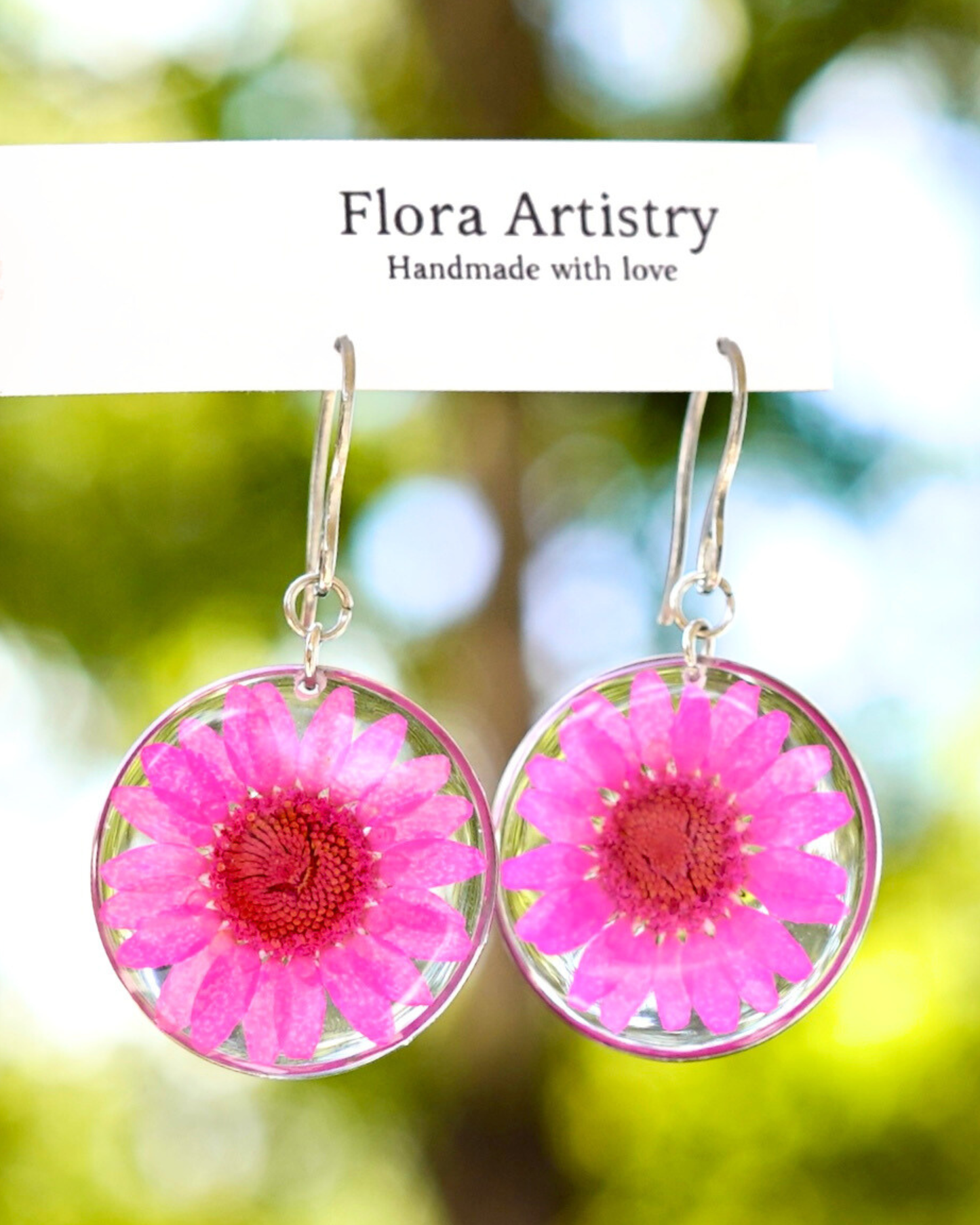 Hot Pink Daisy Flower Circle Dangle Earrings