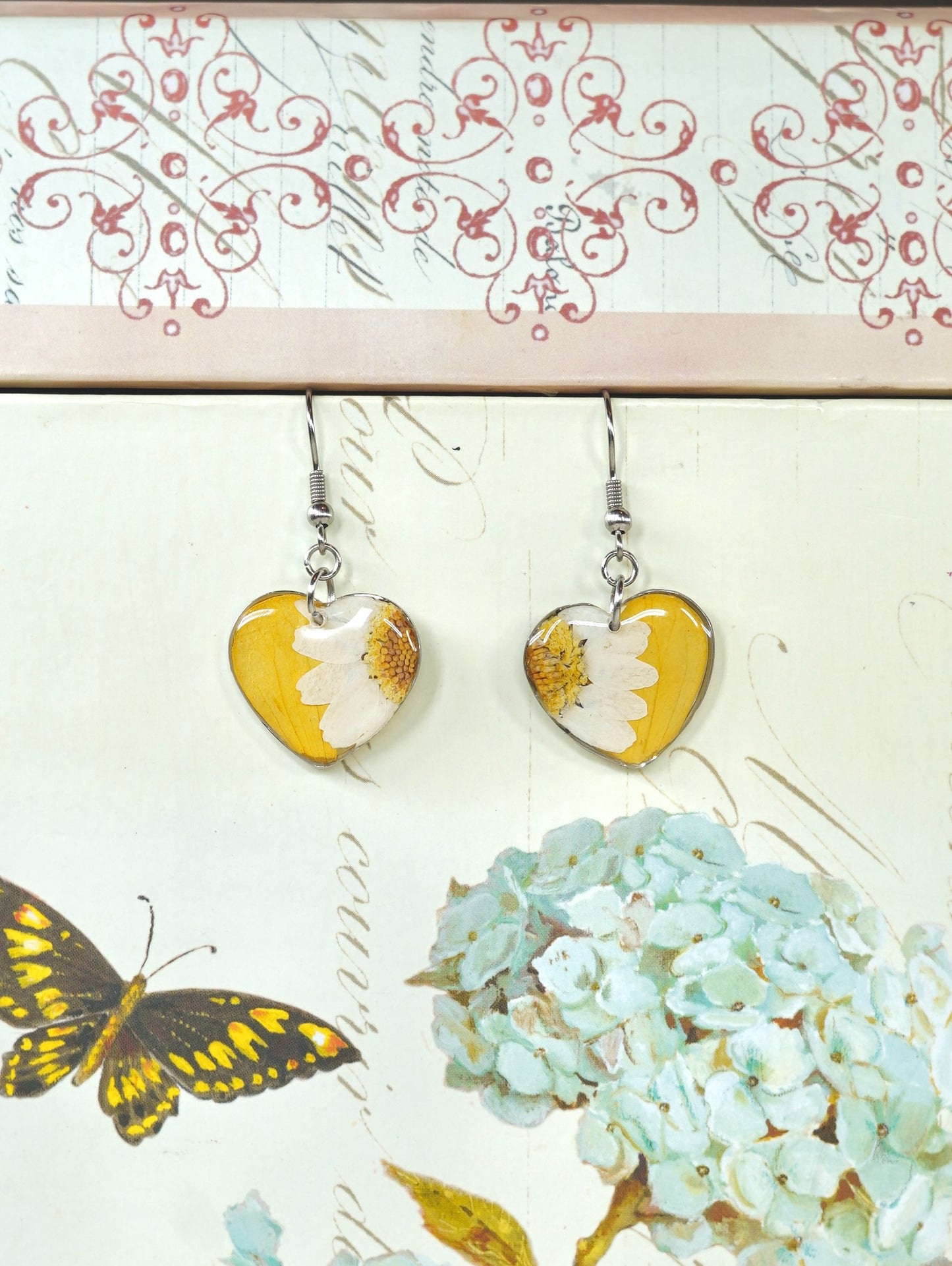 Yellow Zennia Wildflower Heart Earrings