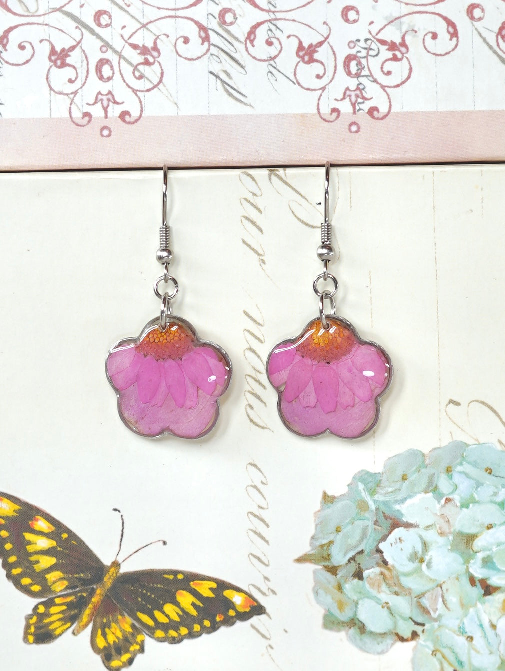 Pink Zennia Wildflower Heart Earrings