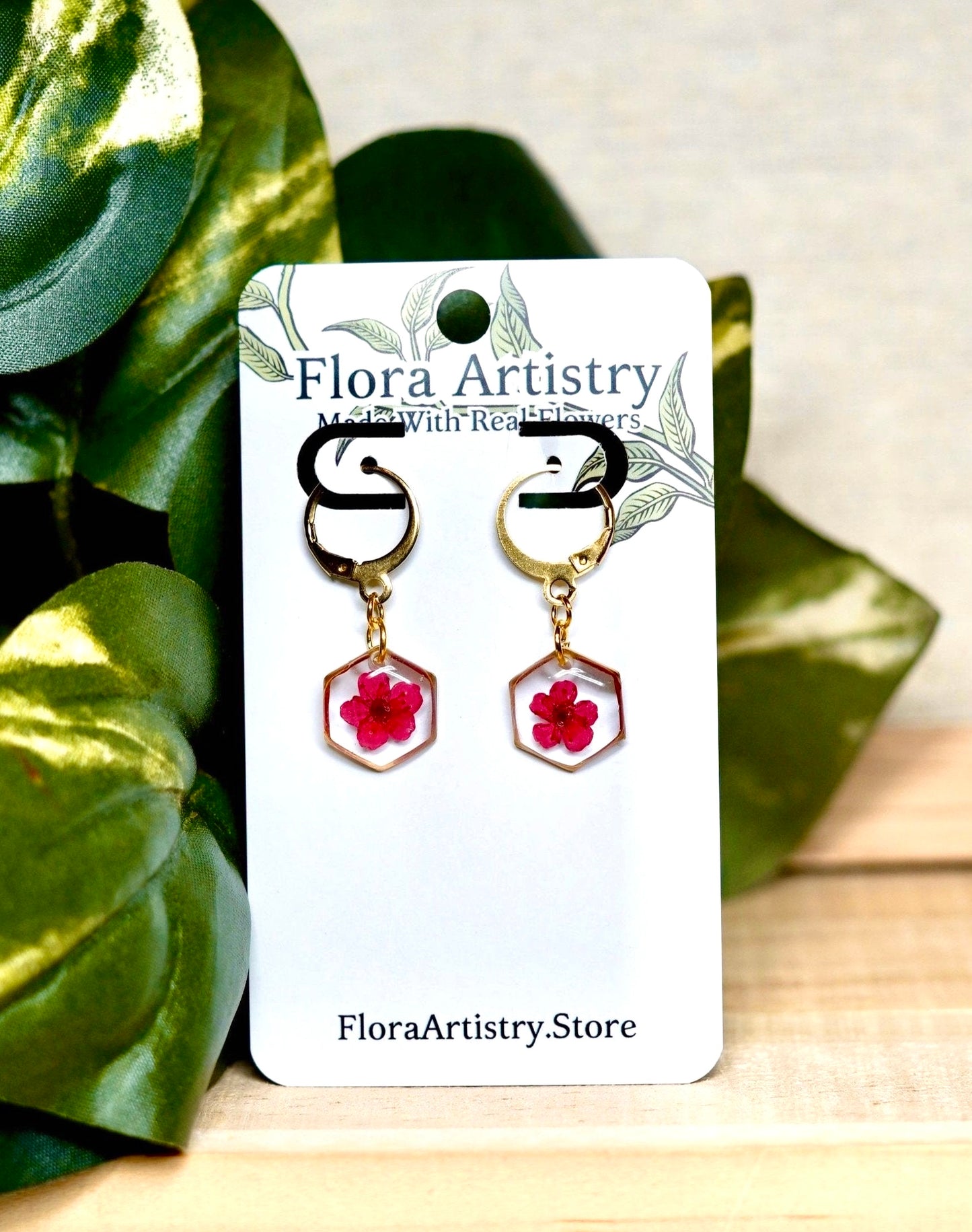 Red Pressed Flower Huggie Hoops Earring