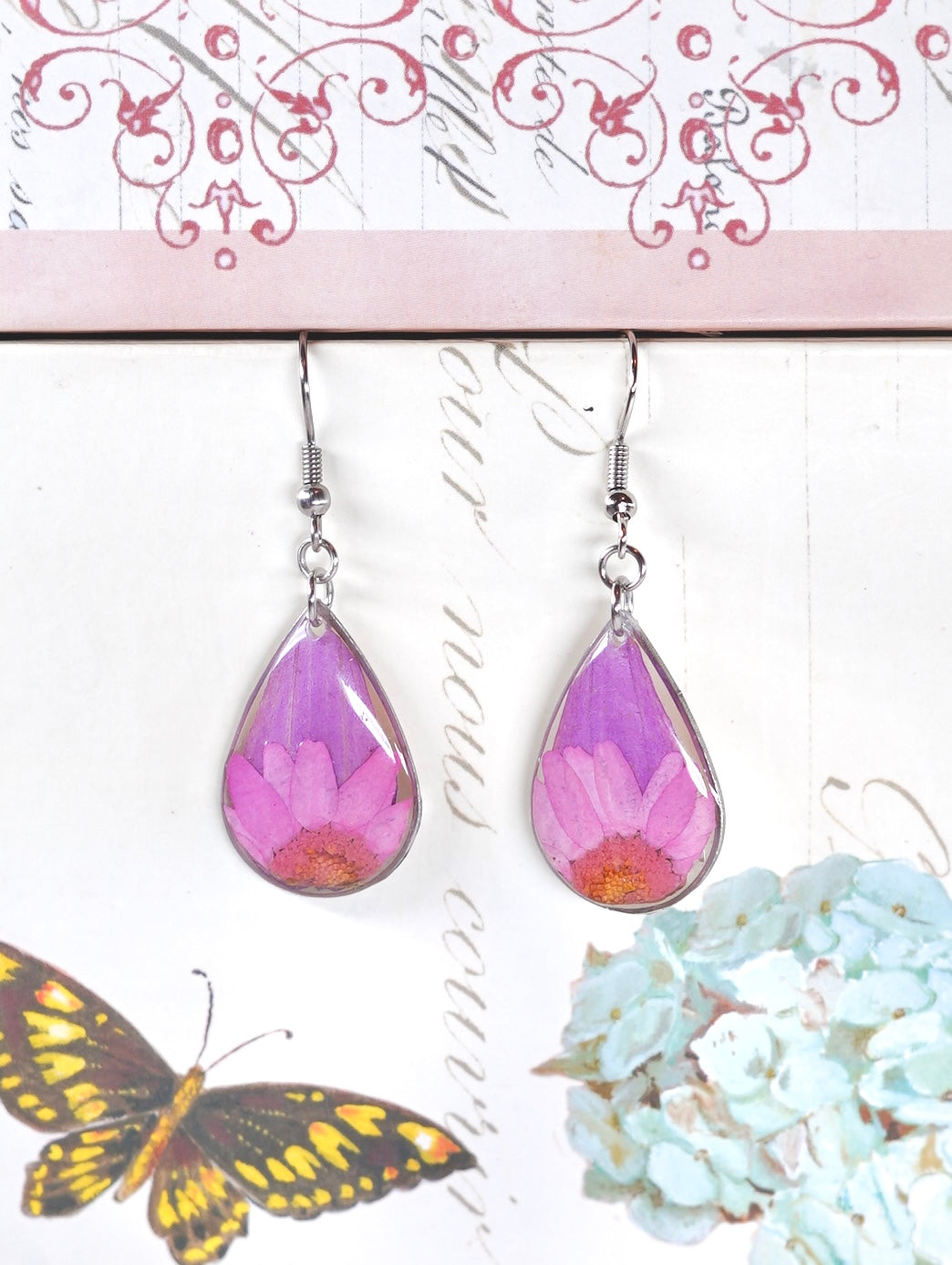 Pink Zennia Wildflower Teardrop Earrings