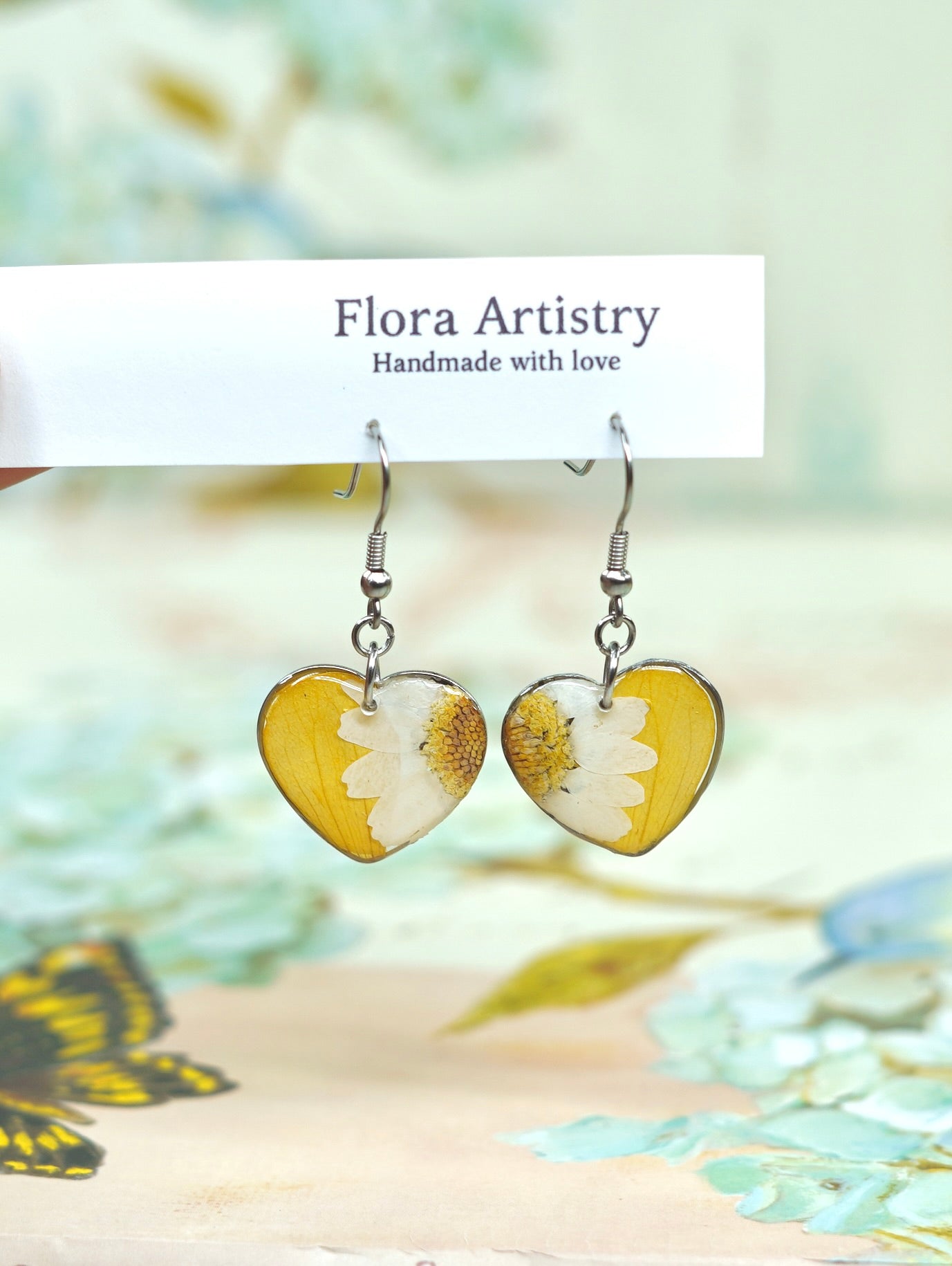 Yellow Zennia Wildflower Heart Earrings