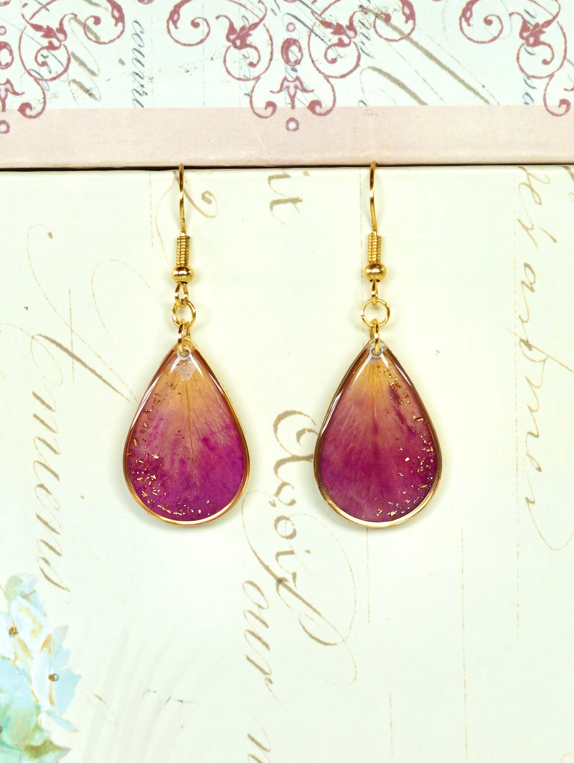 Gold Crecent Garden Rose Petal Teardrop Earrings