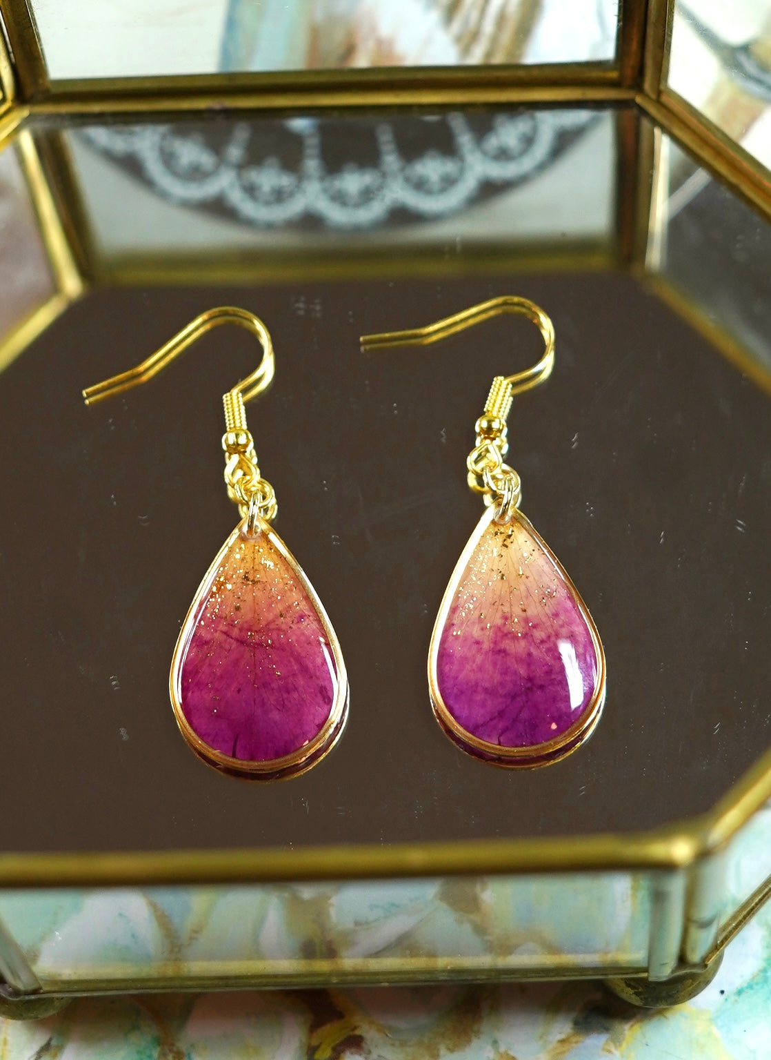Gold Ombre Garden Rose Petal Teardrop Earrings