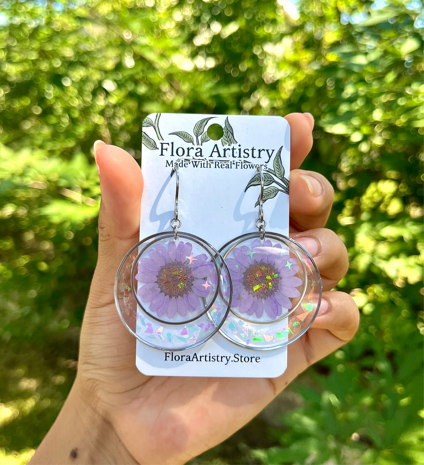 Lavender Purple Daisy Flower Double Circle Dangle Earrings