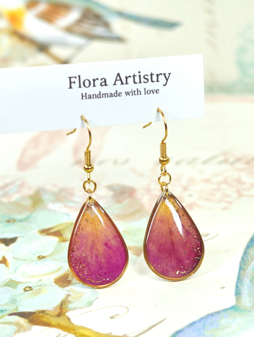 Gold Crecent Garden Rose Petal Teardrop Earrings
