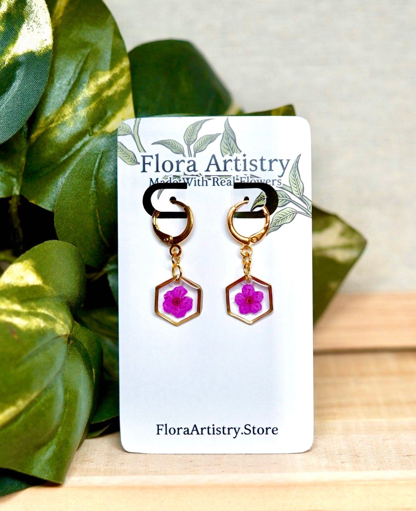 Hot Pink Pressed Flower Huggie Hoops Earring