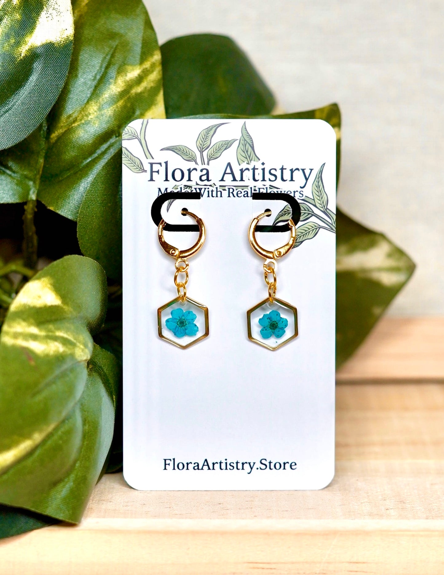 Blue Pressed Flower Huggie Hoops Earring