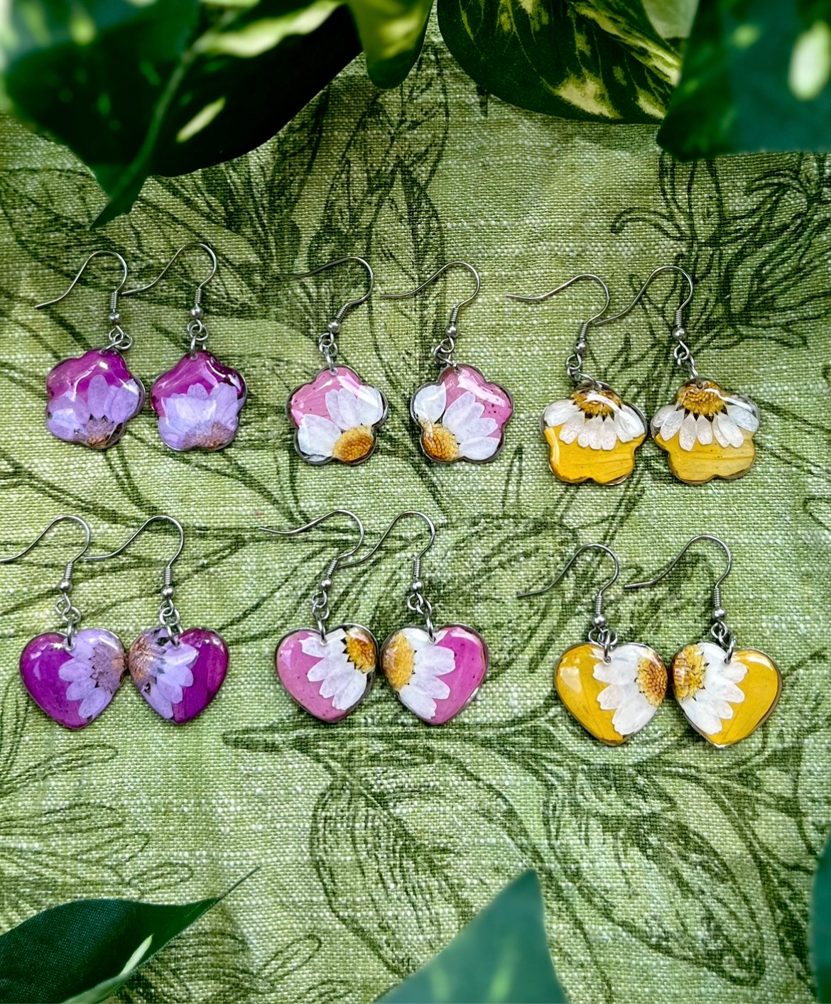 Pink Zennia Wildflower Heart Earrings