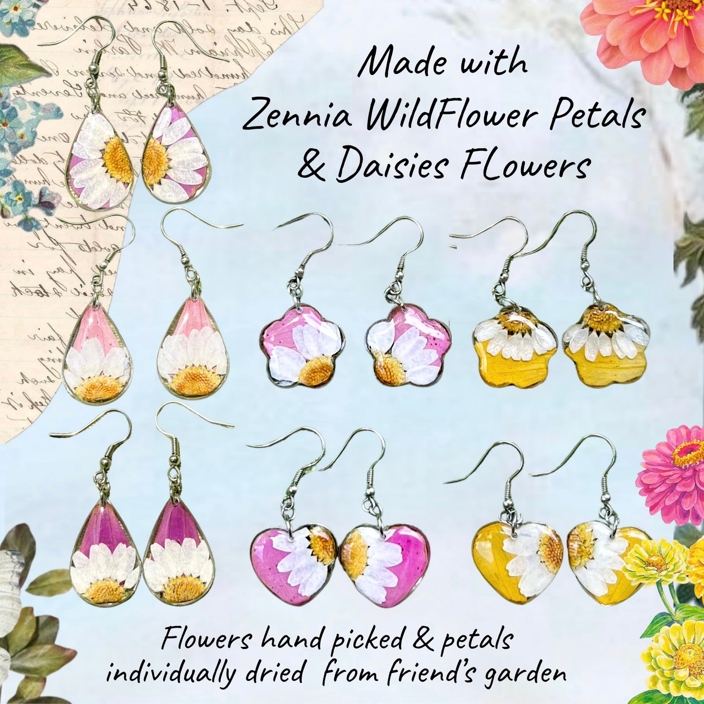 Pink Zennia Wildflower Heart Earrings