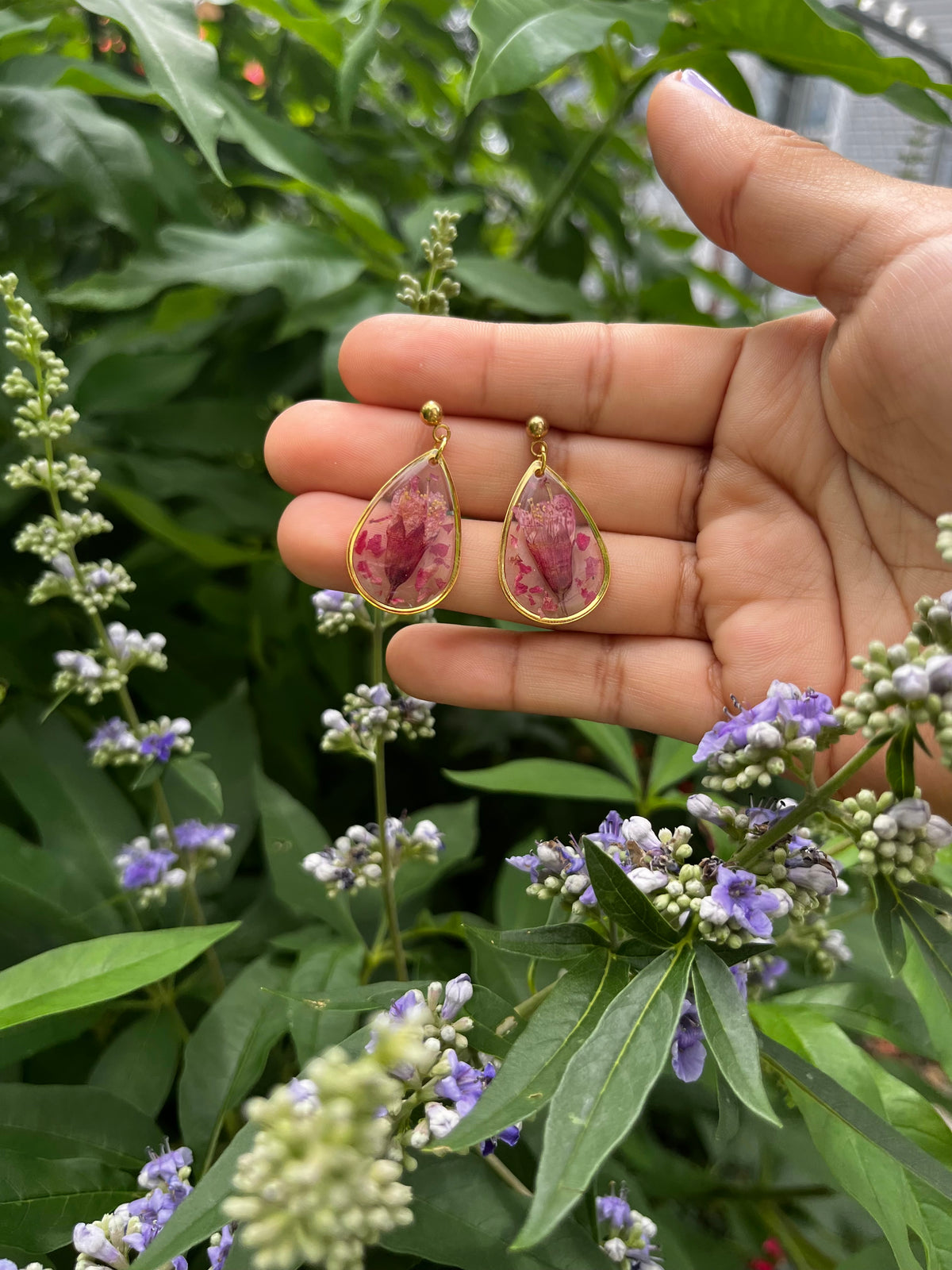 Cherry Blossom Flower Gold Teardrop Stud Earring
