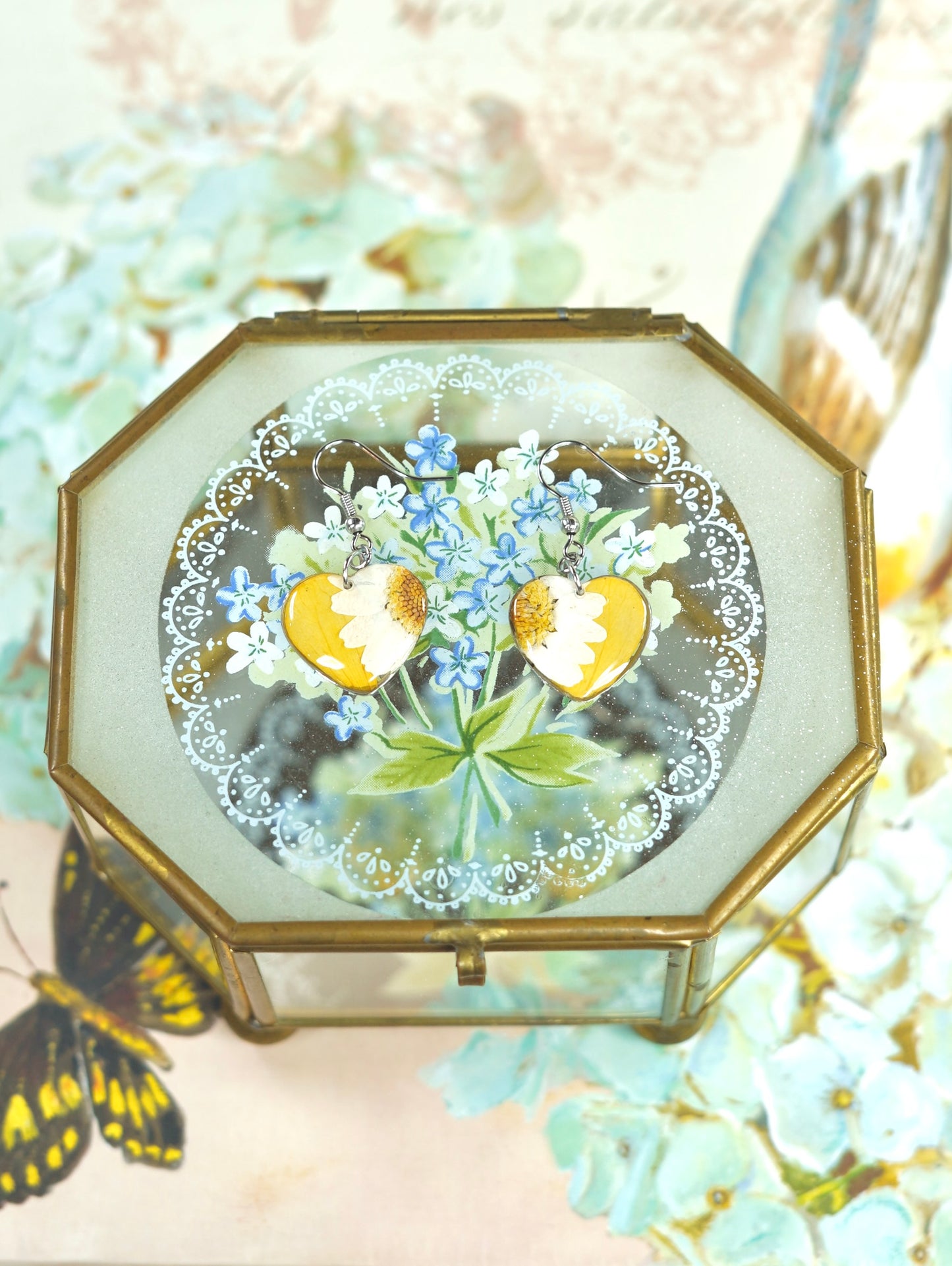 Yellow Zennia Wildflower Heart Earrings