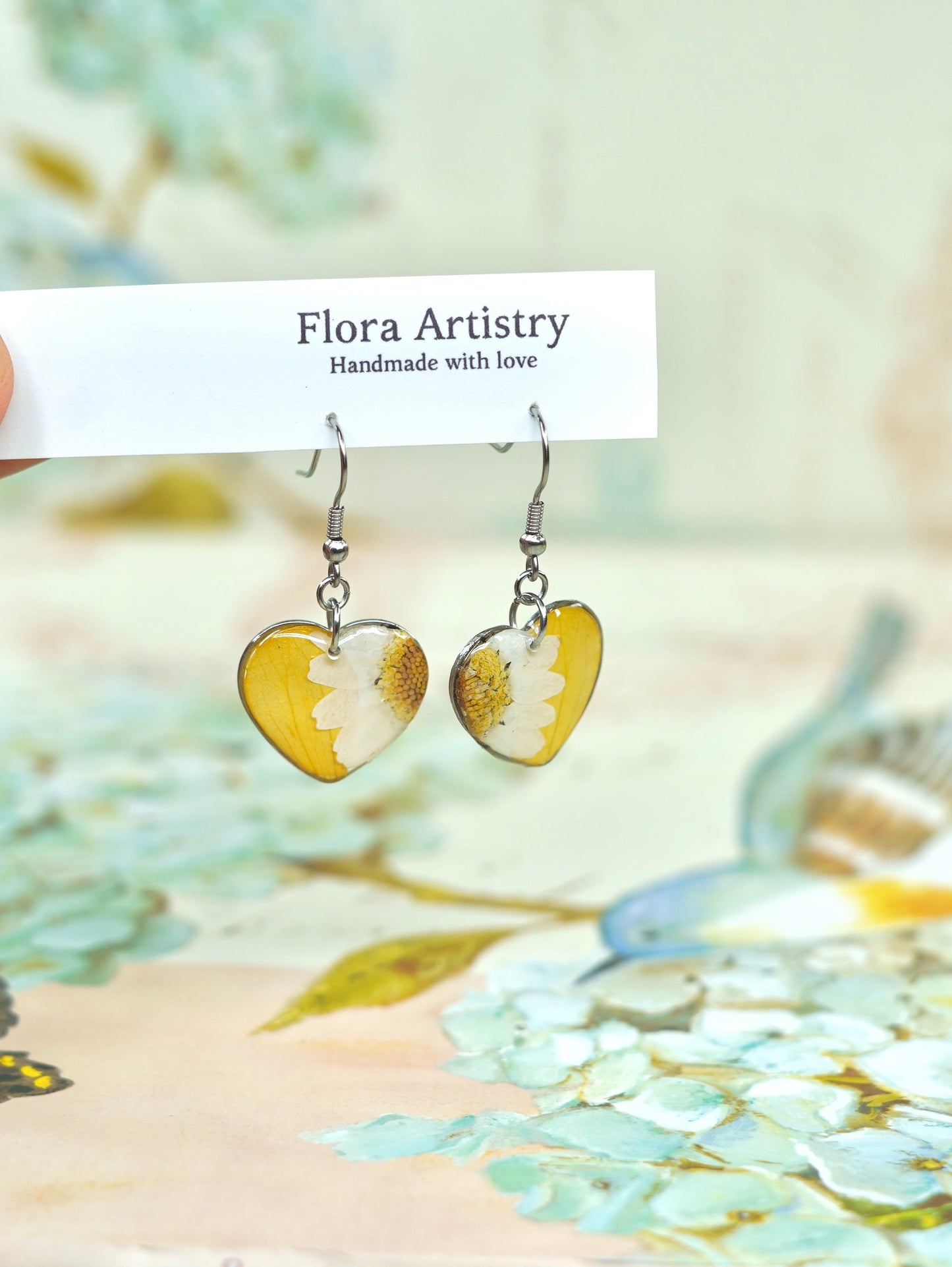 Yellow Zennia Wildflower Heart Earrings