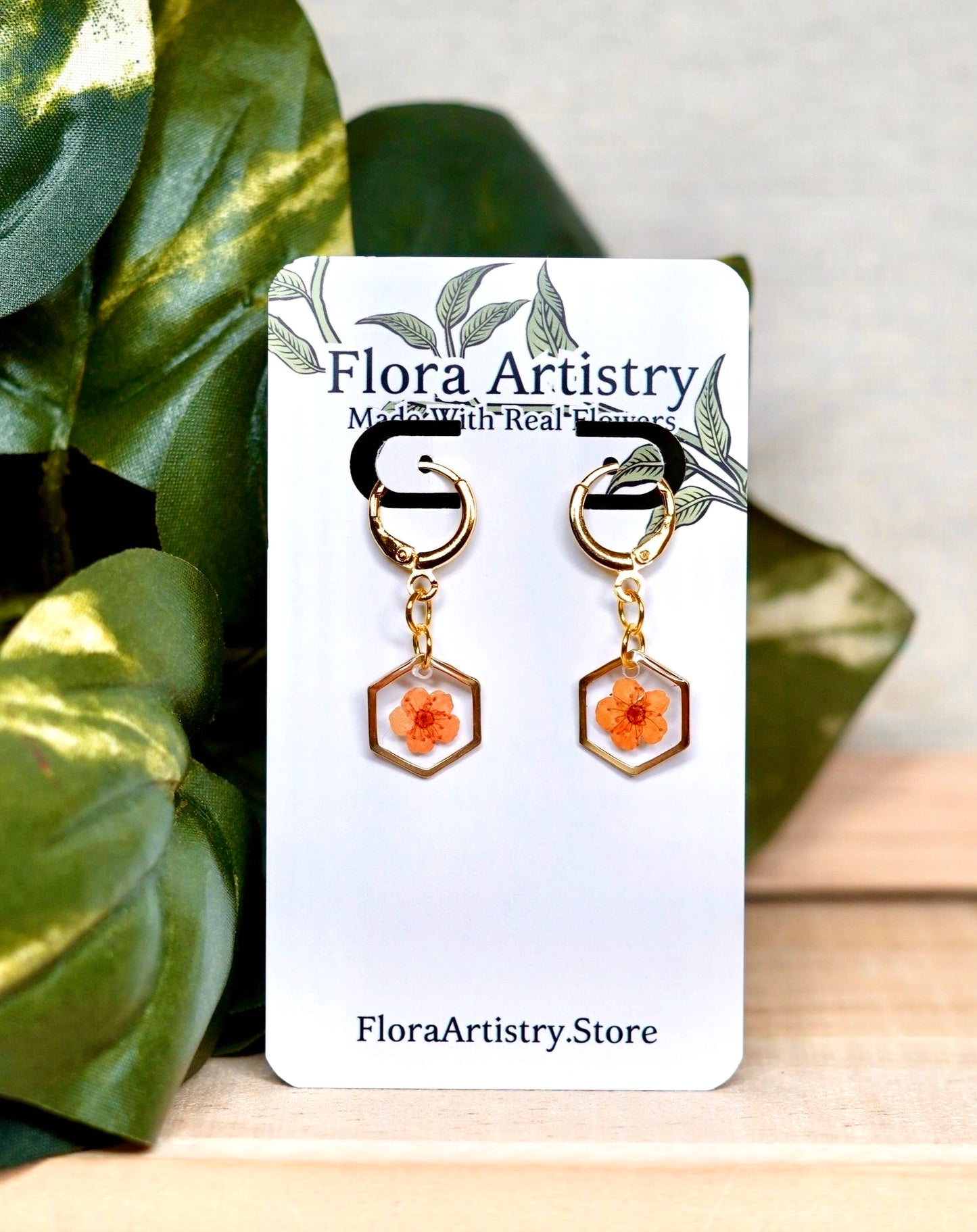 Orange Pressed Flower Huggie Hoops Earring
