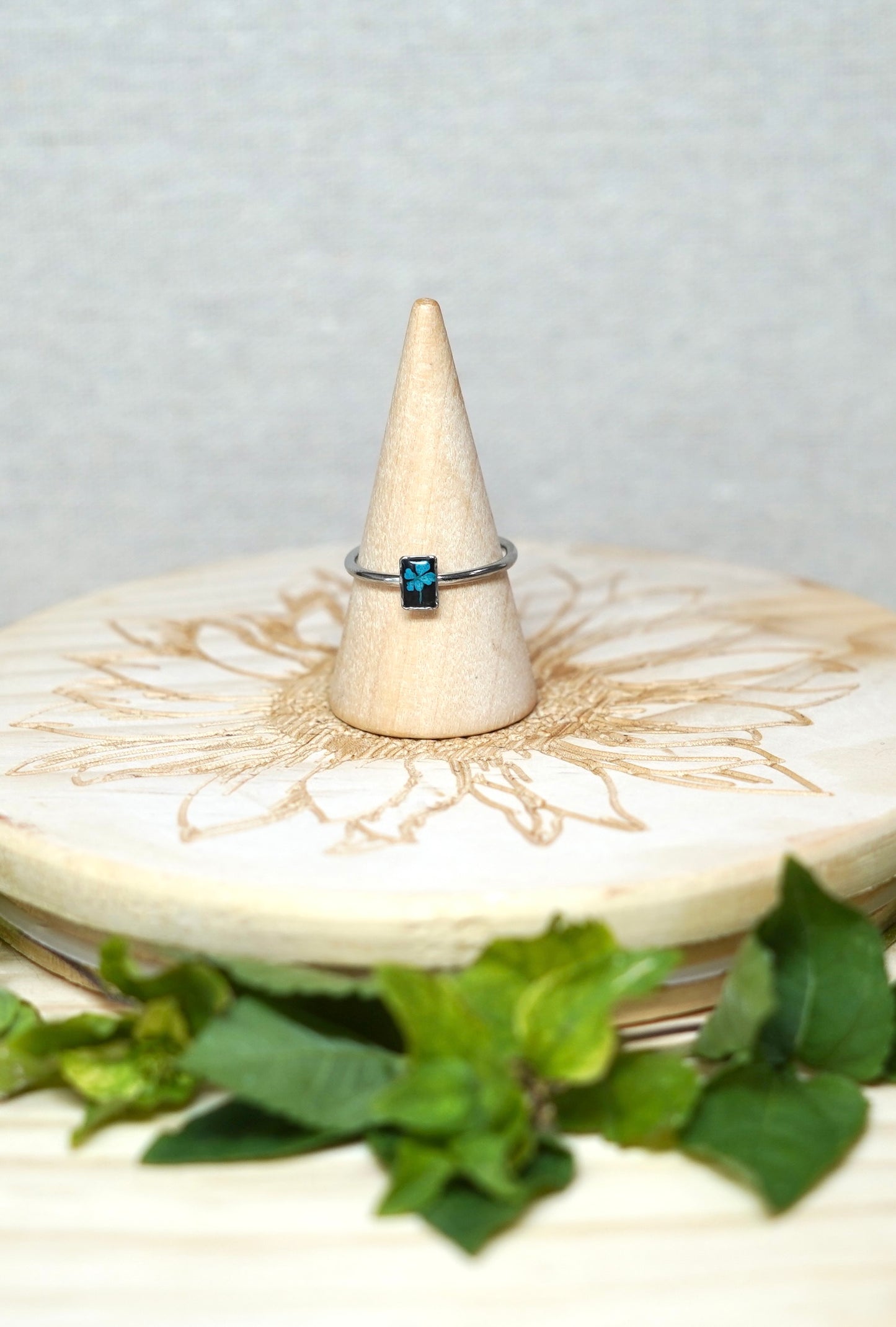 Blue Real Pressed Flower Dainty Rectangle Ring