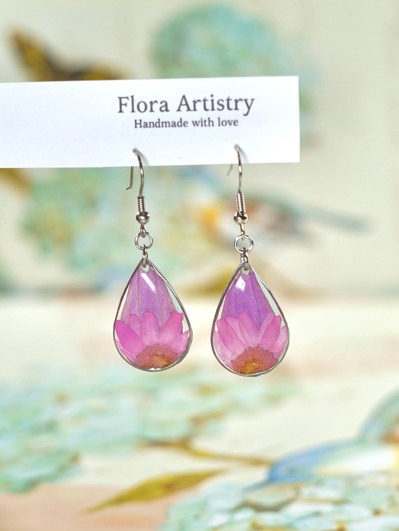 Pink Zennia Wildflower Teardrop Earrings