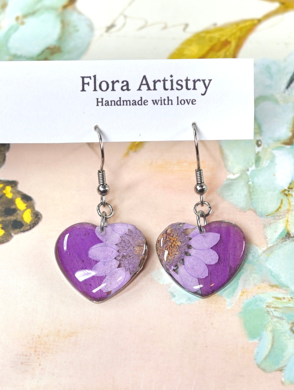 Purple Zennia Wildflower Heart Earrings