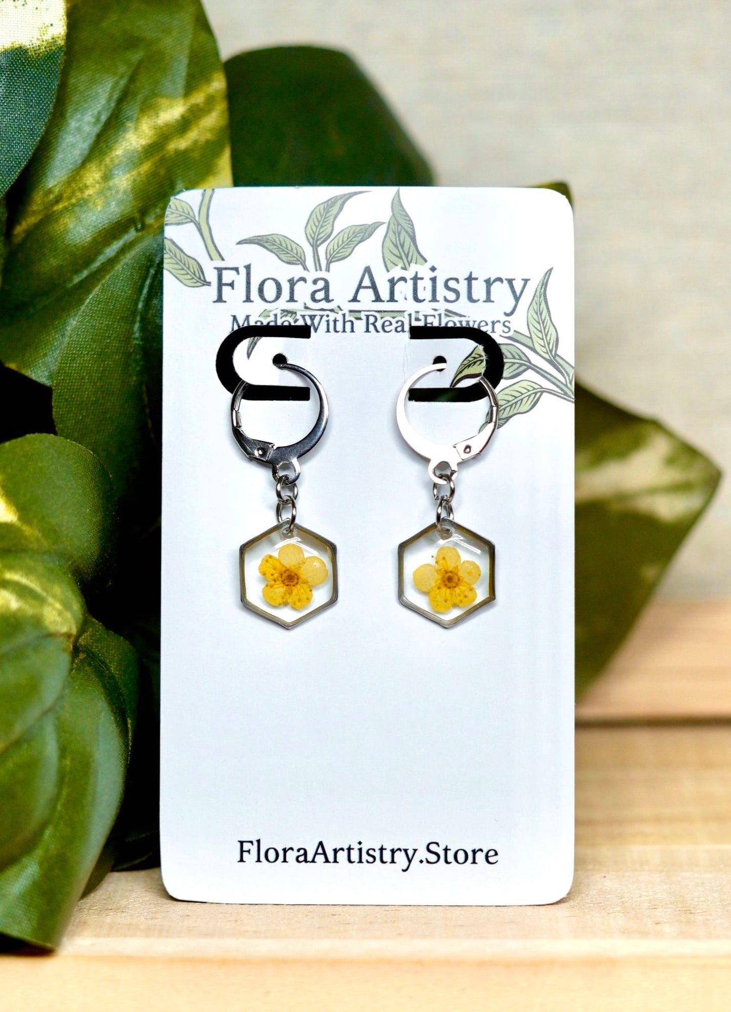 Yellow Pressed Flower Huggie Hoops Earring