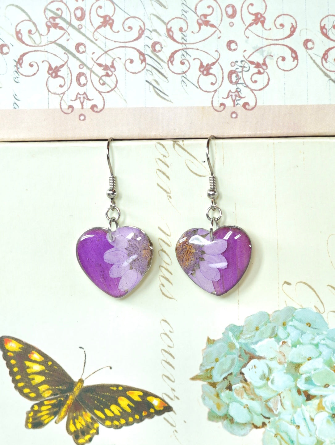 Purple Zennia Wildflower Heart Earrings