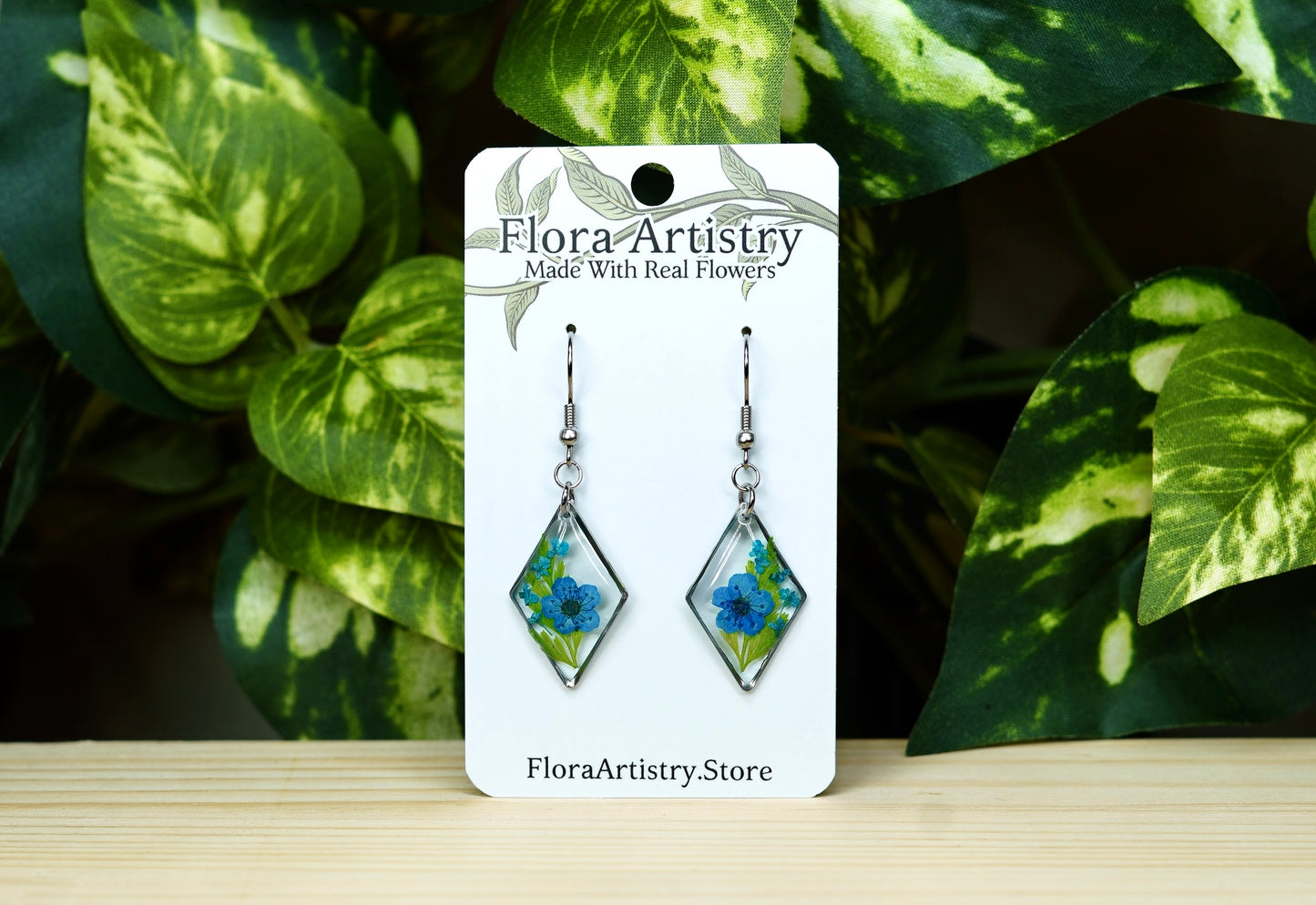 Blue Flower Botanical Diamond Dangle Earring