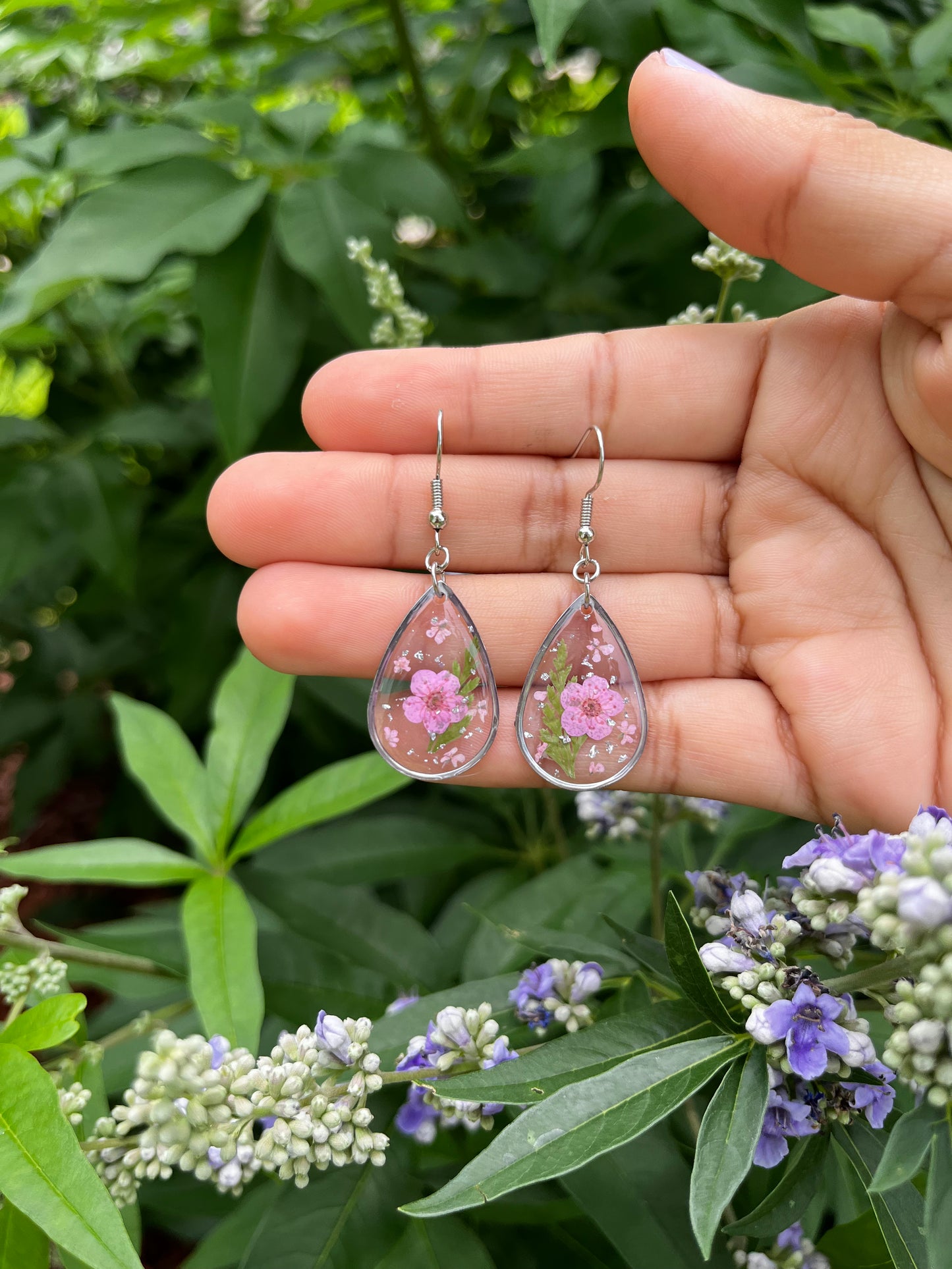 Pink Blush Botanical Flower Teardrop Dangle Earring