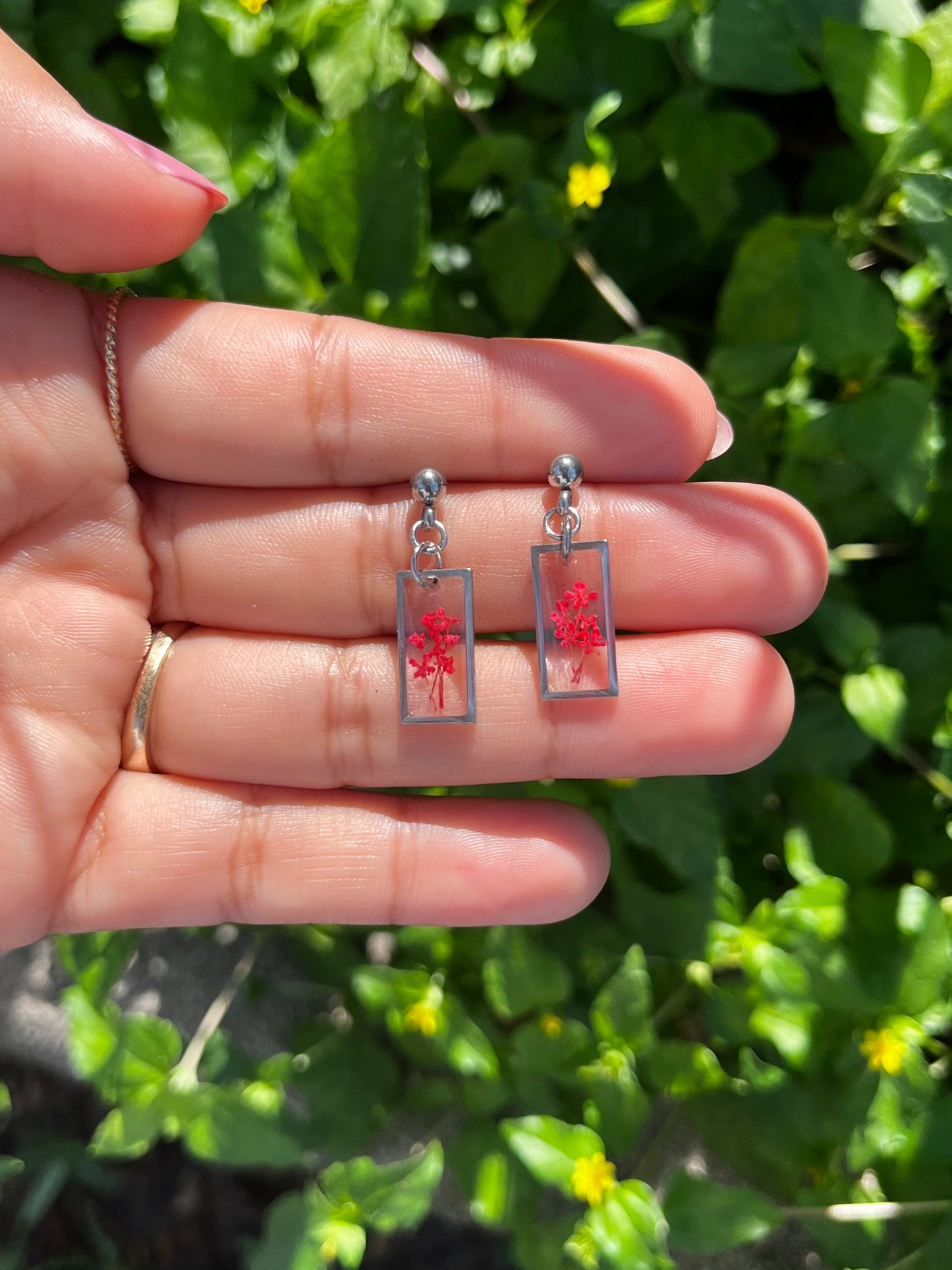 Red Mini Flower Rectangle Stud Earring