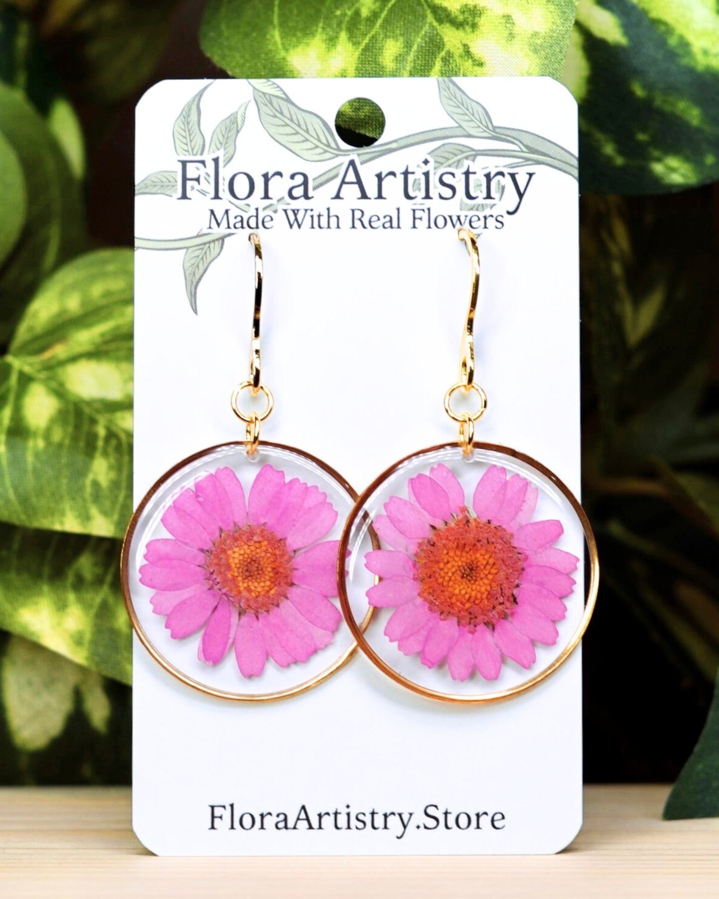 Pink Daisy Flower Circle Dangle Earrings