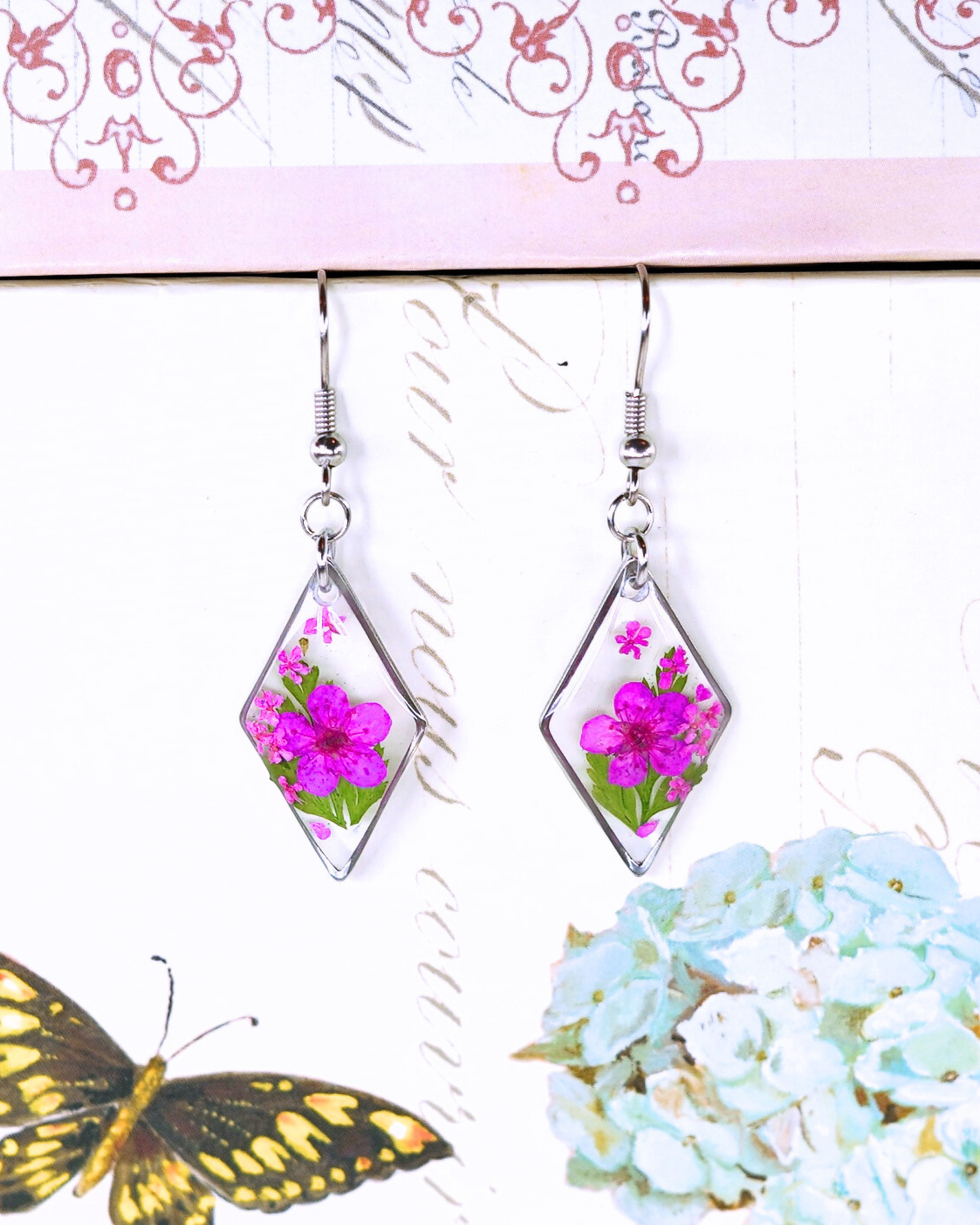 Hot Pink Flower Fern Diamond Dangle Earring
